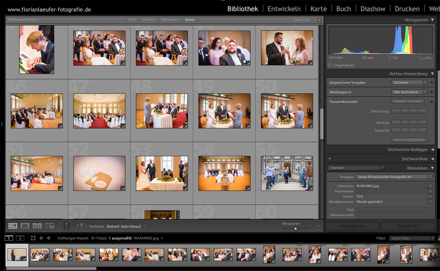 Screenshot Lightroom für Bildbearbeitung von Hochzeitsfotos