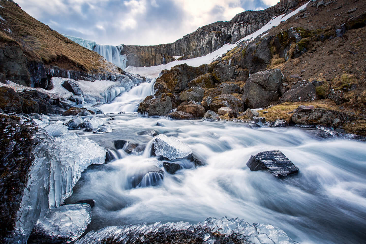 Graufilter Fotografie am Fusse des Svodufoss in Island