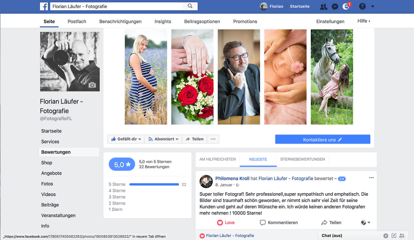Beste Werbung: 5-Sterne Bewertungen bei Facebook von dem Hamburger Fotografen Florian Läufer (Screenshot)