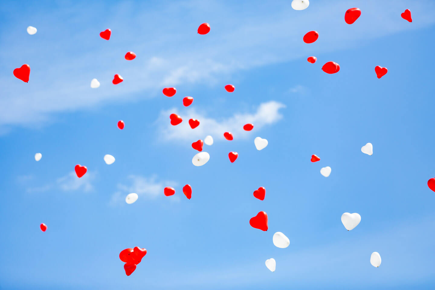 Helium gefülte Ballons steigen mit guten Wünschen an das Hochzeitspaar in den Himmel