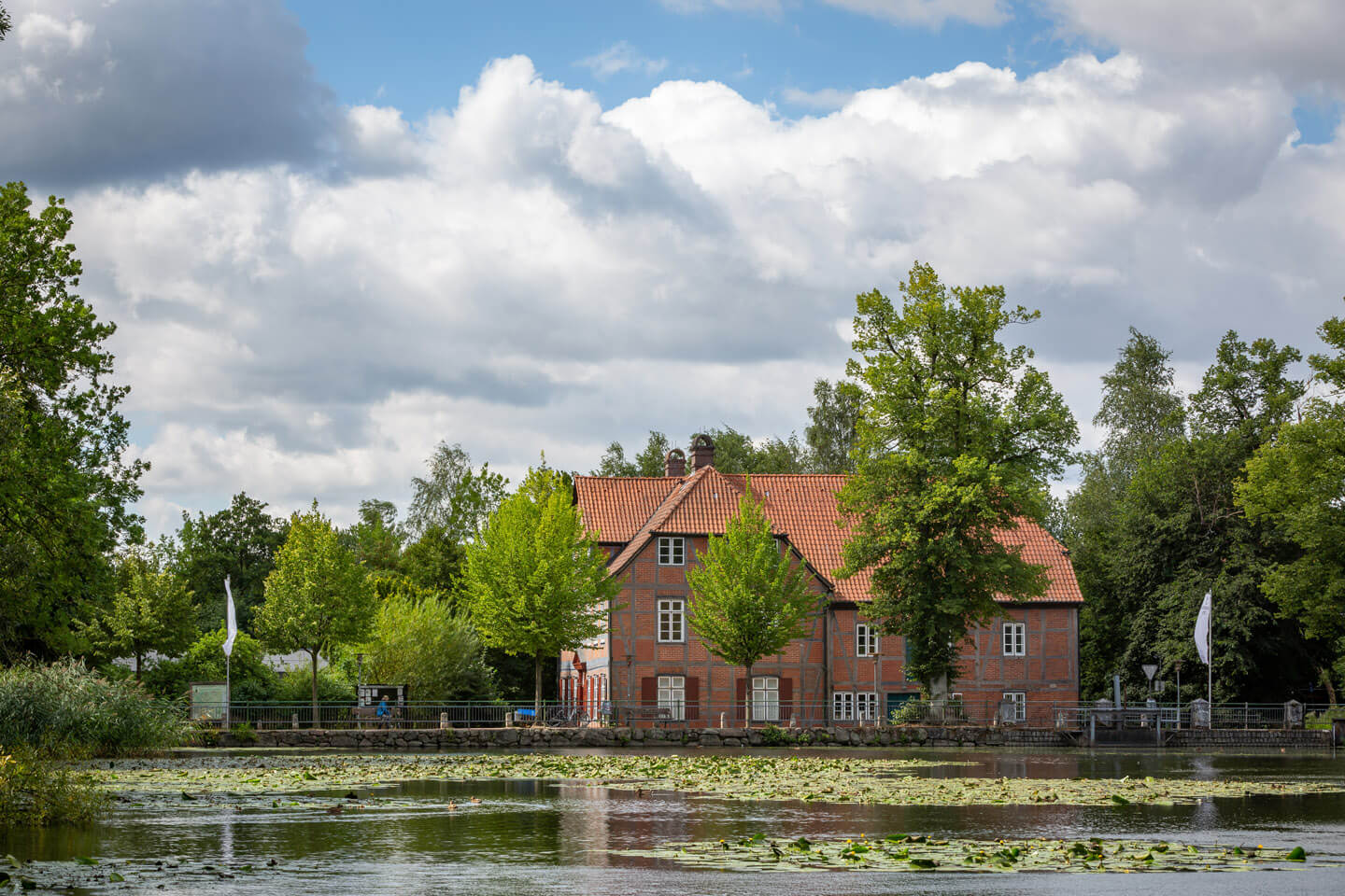 Die Trittauer Wassermuehle mit Blick ueber den Muehlenteich
